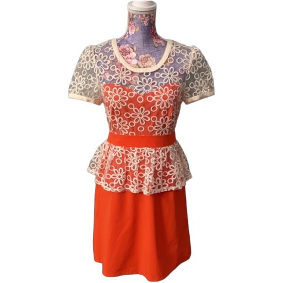 NWT Women's A'Reve Peplum Short Sleeve Lace Twee Dress Orange Size Large - Picture 11 of 11